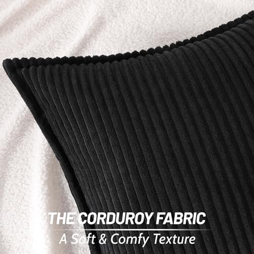 Mecatny Corduroy Throw Pillow Covers 20x20 Set of 2, Neutral Decorative Soft Boho Couch Pillow Covers with Broadside for Sofa Living Room, Black