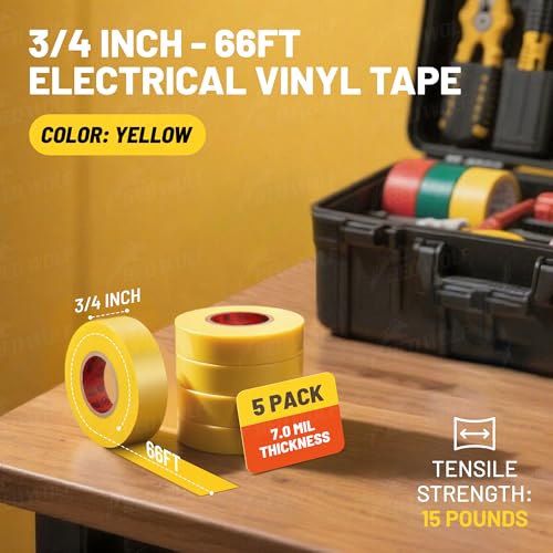 Image of RED WOLF 5 Pack Yellow Electrical Tape 3 /4 Inch x 66 Ft Industrial Grade UL /CSA Listed 7 Mil Thick Flame Retardant High Temp Waterproof Electrical PVC Tape Electric Super Vinyl Rated 600V