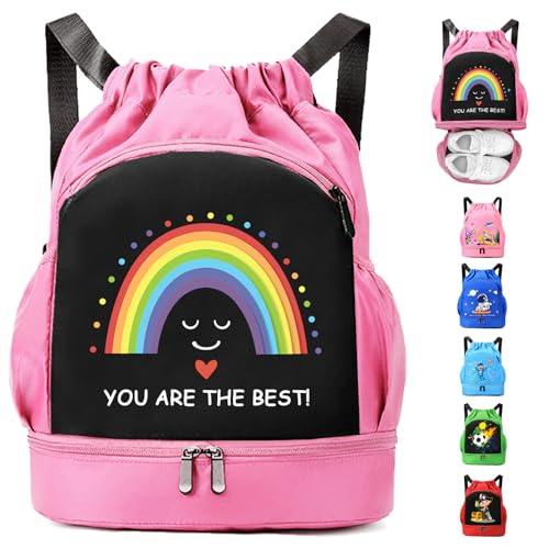 AUNGKWANG Niños Mochila de Fitness, Deportiva Impermeable Bolsa de Playa, Bolsa para Viajes de Gimnasio, Adecuado Chico Chica Bolsas Deport, Mochila Con Cordón Arcoíris, Rosa