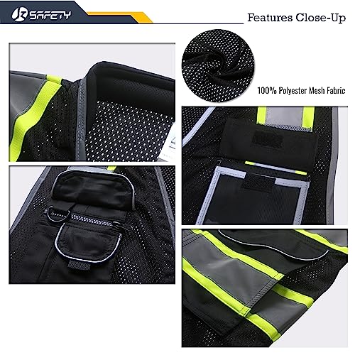 Image of JKSafety 9 Pockets Hi-Vis Black Safety Vest for Men Women High Visibility Reflective Construction Mesh Fabric Cushioned Collar Work Utility PPE Work Gear ANSI /ISEA compliant(101-Black XXL)