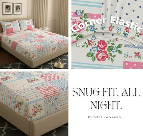 Image of HOMEKART 120 TC Cotton Rich Elastic Corner Fitted Bedsheet with 2 Pillow Covers | Double Bed 72x68+6 Inches | Wrinkle-Free, Super Soft & Breathable Floral Design | Pinkk & Green