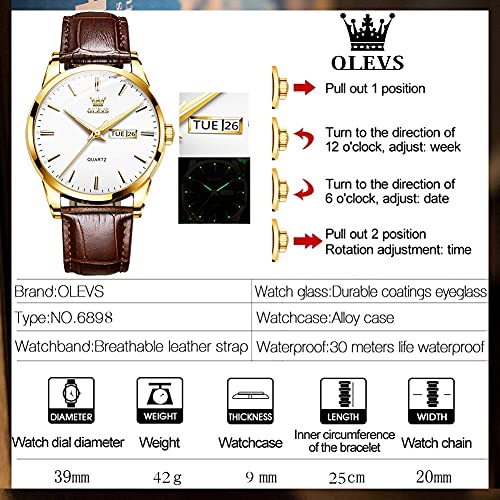 Image of OLEVS Brown Mens Leather Watch Dress Casual Day Date Quartz Wrist Watch