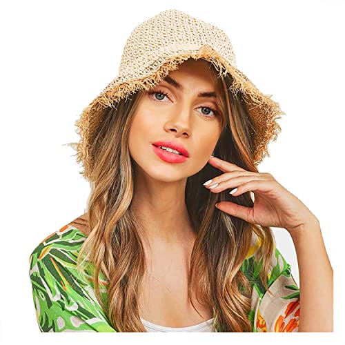 boderier Womens Straw Hat Beach Sun Hat Floppy Frayed Crochet Foldable Straw Bucket Hat Summer Beach Accessories Beige