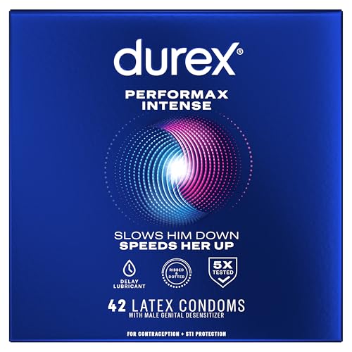 Durex Performax Intense Condoms Ultra Fine Ribbed Dotted with Delay Lubricant Natural Rubber Latex Condoms for Men 42 Count