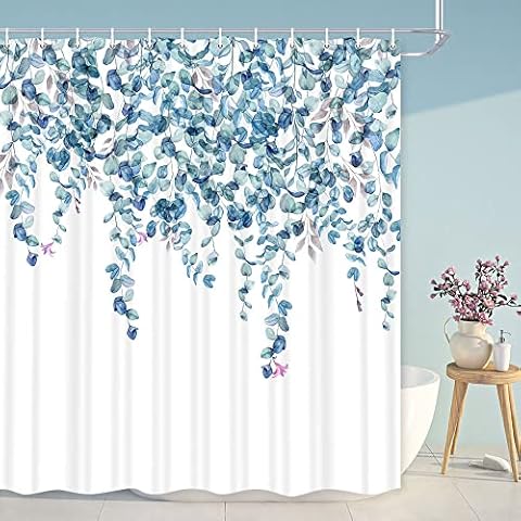 Wathon Blue Leaves Shower Curtain Modern Minimalist Bathroom Decorative Curtain, White Fabric Shower Curtain Set Watercolor Botanical Floral Pattern, Nature Plants Bath Curtain 72X72IN Cover