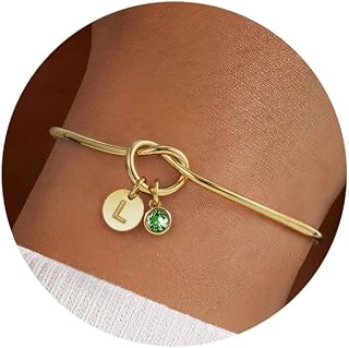 Turandoss Gold Initial Birthstone Bracelets for Women, Dainty 14K-Gold-Plated Tie the Love Knot Letter A-Z Initial Birthstone Bangle Bracelet, Bridesmaid Proposal Gifts for Women Girl Jewelry