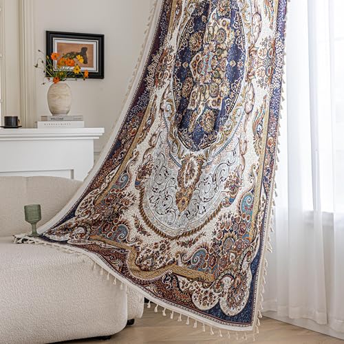 Image of Blue Brown Medallion Curtains 96 Inches Long, Vintage Paisley Boho Farmhouse Light Filtering Rod Pocket Drapes with Tassel Trim for Bedroom Living Room, 2 Panels