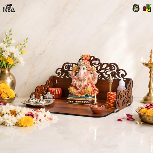 Image of Gift Kya De Wooden Pooja Mandir for Home Wall | Small Temple for Office & Room | Indian Wooden Temple for Table or Shelf | Compact DIY Mandir | 12x9x6 Inch | Classic Design