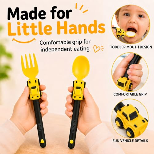 Image of Deinyi Construction Toddler Fork and Spoon Set, Storage Cases Reusable