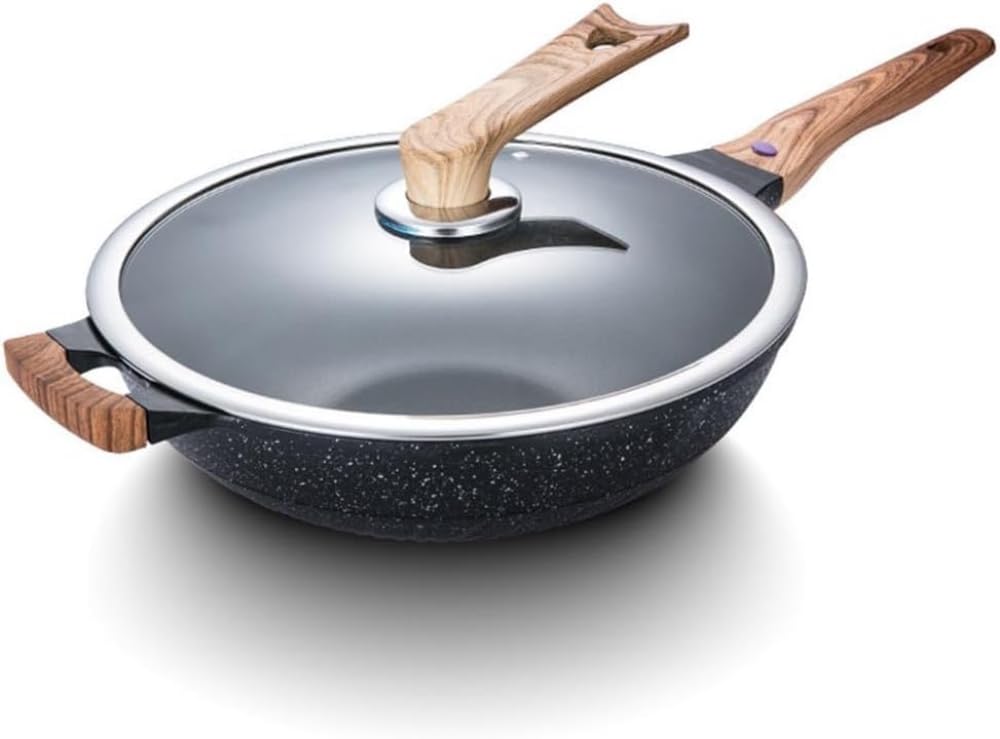 Patelnia do woków ze stopu aluminium z pokrywką, płaskie dno wygodne uchwyty patelnie do smażenia, szybkie nagrzewanie Protable powłoka granitowa płaska patelnia - średnica otworu: 32 cm