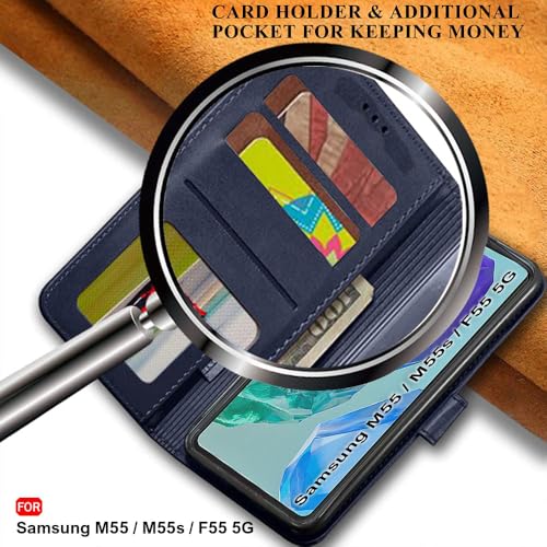 Image of TheGiftKart Flip Back Cover Case for Samsung Galaxy M55 / M55s / F55 5G | Dual-Color Leather Finish | Inbuilt Stand & Pockets | Wallet Style Flip Back Cover Case (Faux Leather, Blue & Brown)