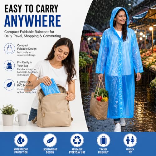 Image of OTOROYS Waterproof Long Rain Coat with Hood for Men, Women, Boys & Girls | Universal Full Length Reusable PVC Raincoat | Lightweight Portable Rain Ware for Bike Riding, Travel & Outdoor, Blue