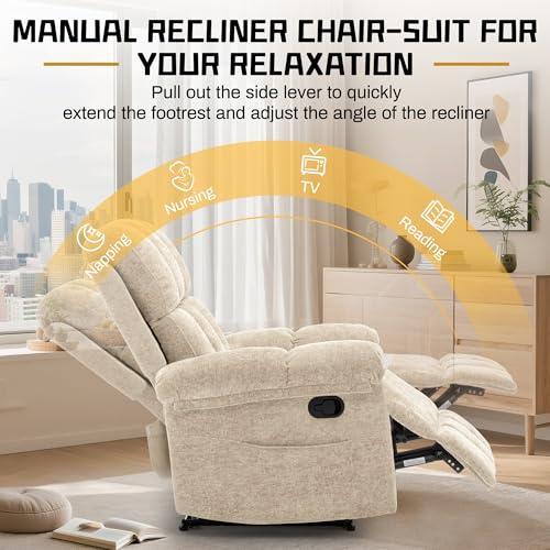 Image of Korser Recliner Chair, Living Room Recliner Chairs for Adults, Small Recliners for Small Spaces, Upholstered Manual Recliner with Side Pockets, Nursery Recliner Chair for Living Room, Chenille, Khaki
