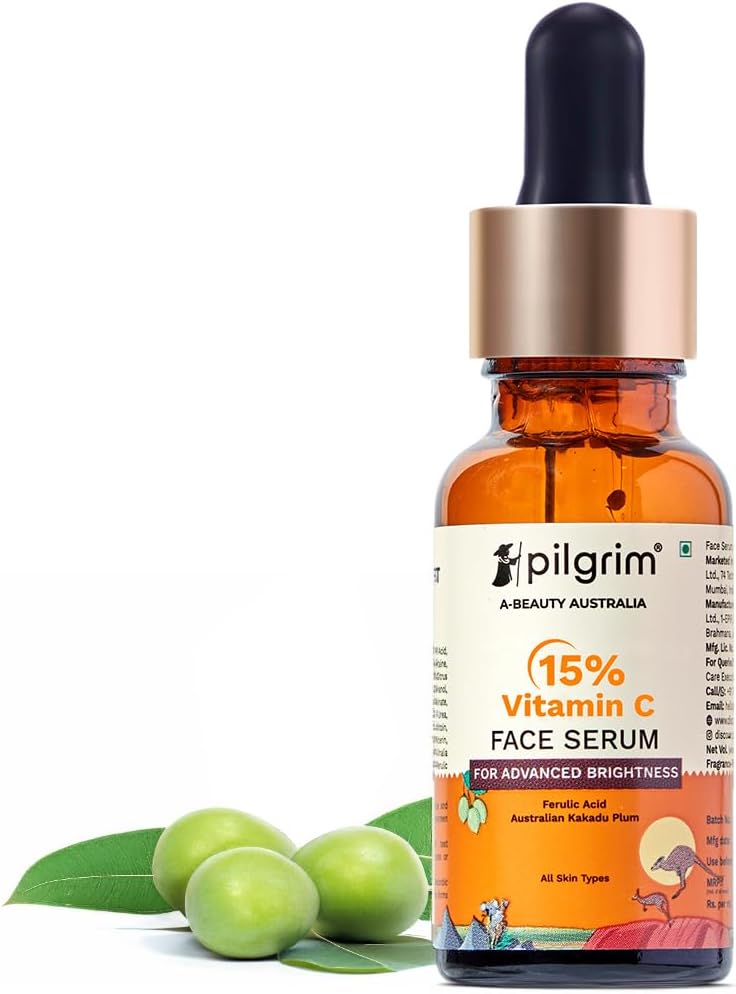 Pilgrim 15% Vitamin C Serum 20ml For Glowing Skin | Advanced Formulation With Ferulic Acid & Vitamin E |Reduces Dark Spots, Pigmentation | For All, Oily, Combination, Normal Skin | Men & Women