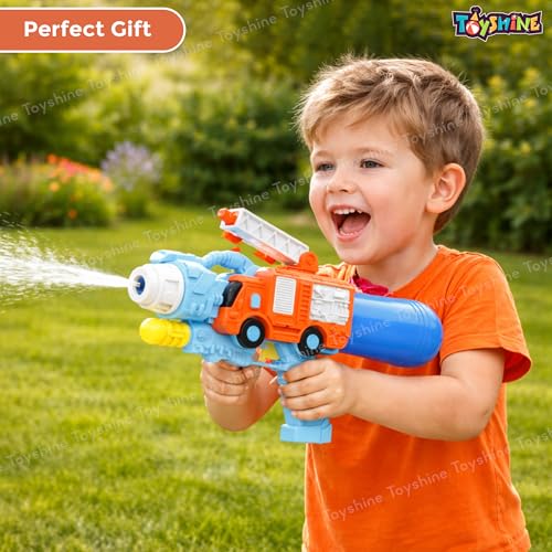 Image of Toyshine Fire Truck Design Handheld High Pressure Water Gun Squirt Pichkari Perfect for Holi Festival & Summer Outdoor Fun for Kids Boys Girls 4 & Above - Blue