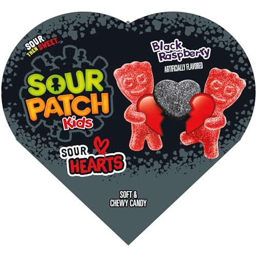 SOUR PATCH KIDS Sour Hearts Black Raspberry Soft & Chewy Candy, Valentines Day Candy, 3.45 oz Heart Shaped Box