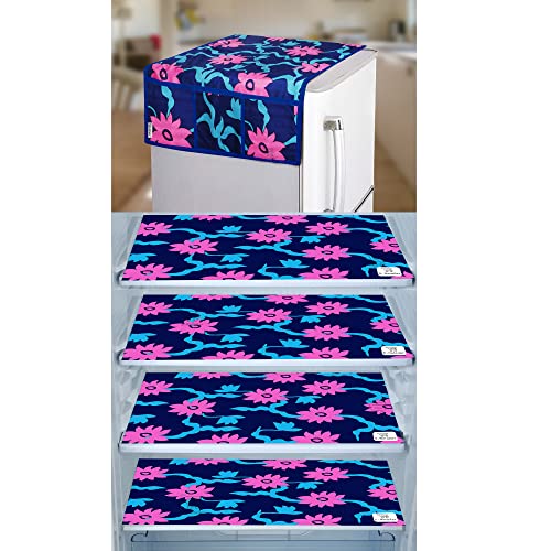 Image of Polyester 3-Layered Fridge Top Cover /Refrigerator Cover With Utility Pockets and Set of 4 Pc Fridge Mats (Color -Floral Blue, Size-39x21 Inches)