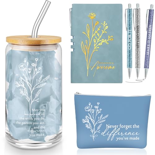Funnymoom 6 Pcs Appreciation Gift Set for Women Glass Tumbler Floral Bag