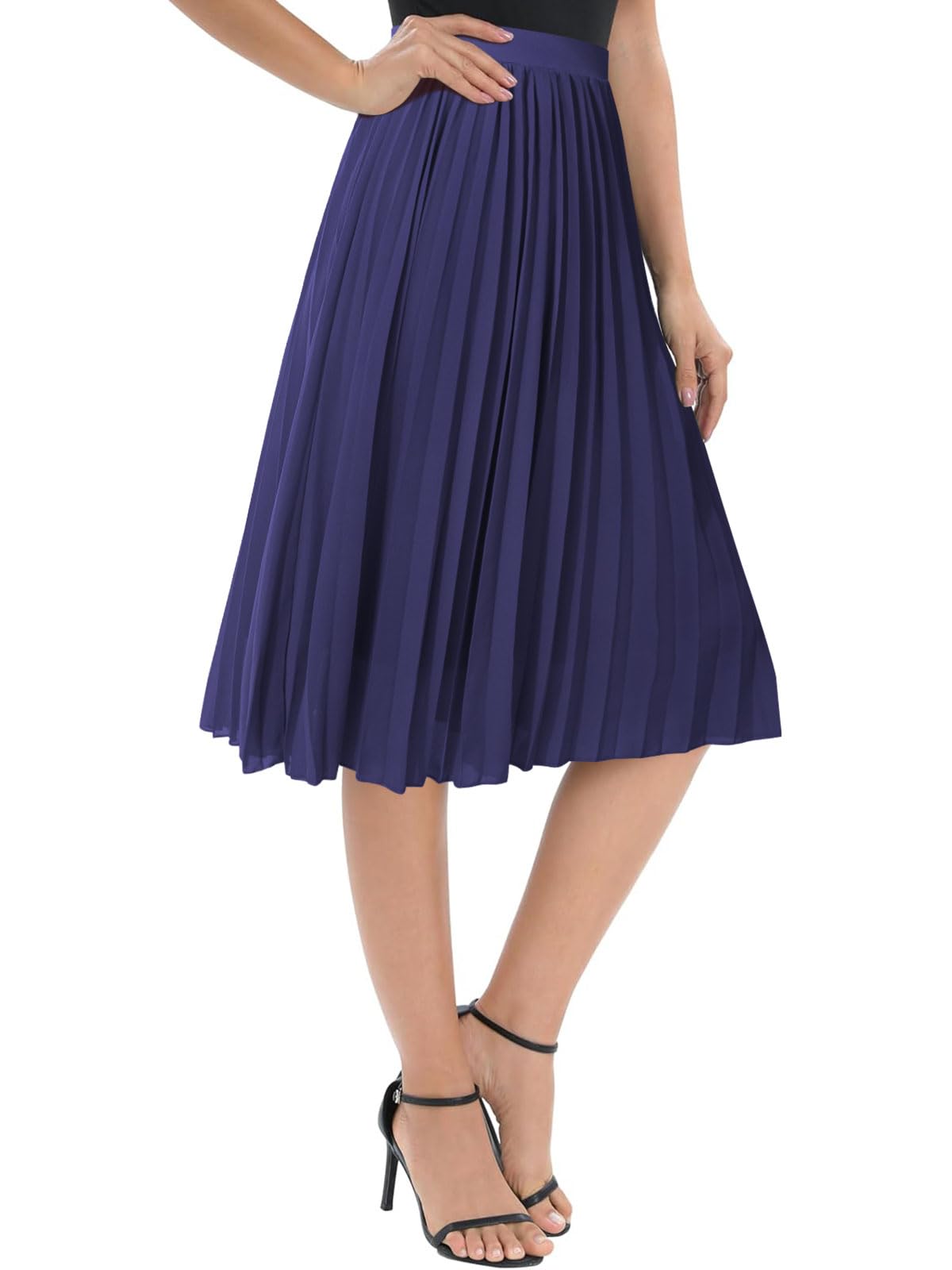 Genfien Donna Chiffon Elastico Vita Linea A Pieghettato Midi Gonna con Fodera