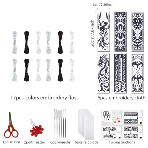 Image of FREEBLOSS 6 Set 11CT Cross Stitch Bookmarks Kit Dragon Elements Stamped Cross Stitch Kit DIY Embroidery Bookmark Set with Instruction for Adults Beginners 20x6cm /8x2.4inch