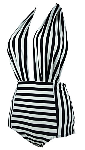 Cocoship Black & White Striped Retro One Piece Backless Bather Swimsuit High Waisted Pin Up Swimwear Monokini L(Us8) #TOP1