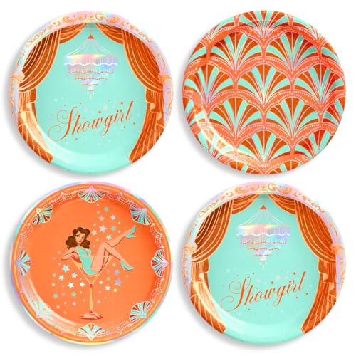 xo Fetti Showgirl Plates - 24 Paper Plates 9 | Bachelorette Party Life of a Birthday Girl Bridal Shower Teal Orange Glitter Showgirl Era
