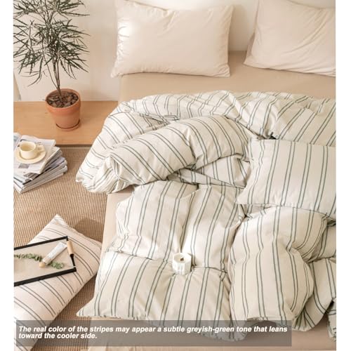 Image of VM VOUGEMARKET Teen Boys Duvet Cover Set Twin,Greyish-Green Stripes Duvet Cover with 2 Pillowcases,Modern Cozy Washed Cotton Comforter Cover with Zipper Closure & Corner Ties 68 inchx90 inch(3pcs,Twin XL)