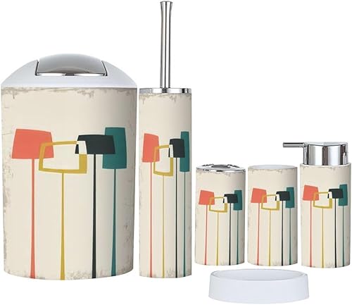 Juego de accesorios de baño, 6 piezas de mediados de siglo moderno de los años 50, fondo vintage, formas grunge, soporte para cepillos de dientes,