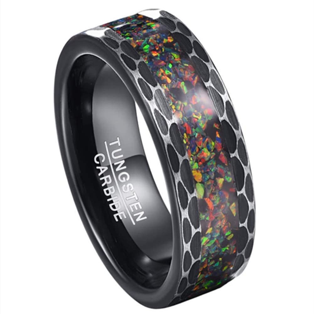 Corato8mm Black Tungsten Rings for Men Crushed Fire Opal Inlay Brushed Multifaceted Finish Wedding Band Comfort Fit Size 7-12