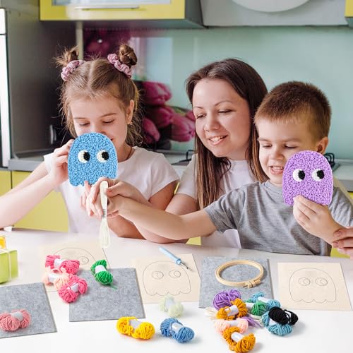 Image of ERguanfoiun 6Set Game Ghost Punch Needle Coaster Kit - Easy DIY Punch Needle Embroidery for Beginners, Game Pattern Rug Tufting Adhesive Felt Fabric Hoop Yarn Tool Instruction, Art Craft Supplies Gift