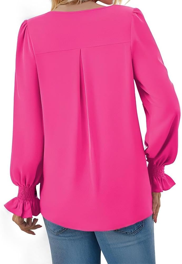 Women's Long Sleeve Tops Dressy Casual V Neck Tunic Shirts Loose Chiffon Work Blouse - Image 3