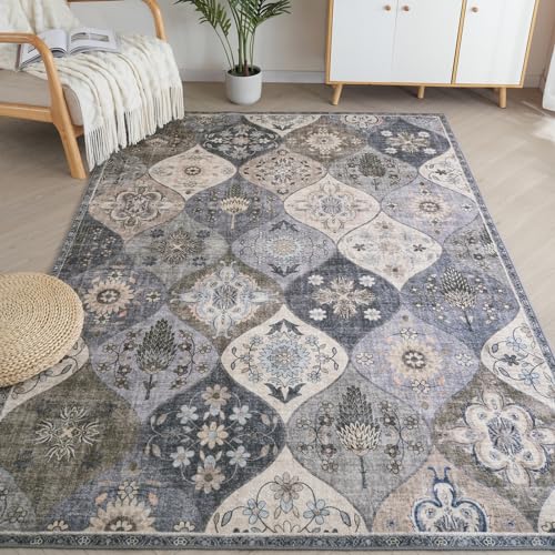 Xfrog Tapis Marocain, Tapis Salon Moderne à Poils Courts, Tapis Lavable en Machine pour Chambre à Coucher Multicolore Vieilli 80x150 cm