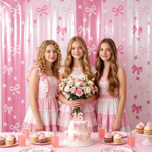 Image of TONIFUL 2Pcs Pink White Bow Metallic Tinsel Foil Fringe Curtains Streamers | 3.3ftx6.6ft Photo Booth Backdrop Door Streamer Curtain for Baby Girl Shower Birthday Princess Theme Party Wedding Decorations