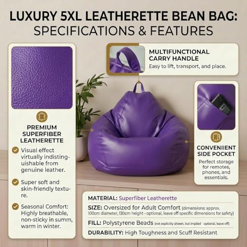 Image of KAM'S LIEU Leatherette Bean Bag Chair with Footrest | Filled with EPS Beans | Comfortable Sofa for Living Room & Bedroom | 4XL Size, Easy to Clean Color- (Purple)