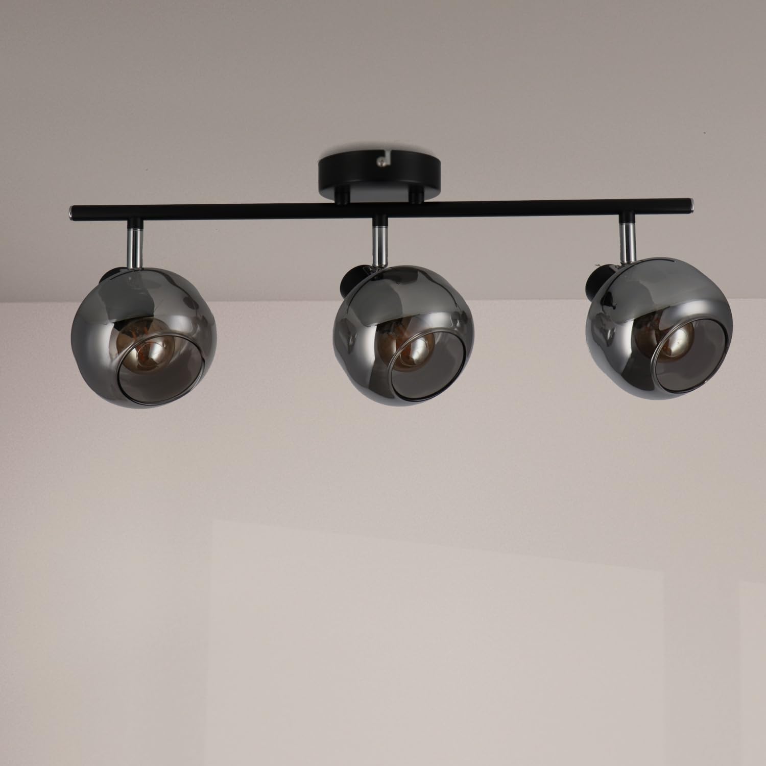 M Ledme - Lámpara de Techo Serie Glass 3 Focos, 3 Focos Led Interior de Techo Base E14, Focos LED Interior Acabado Negro (No incluye bombilla)