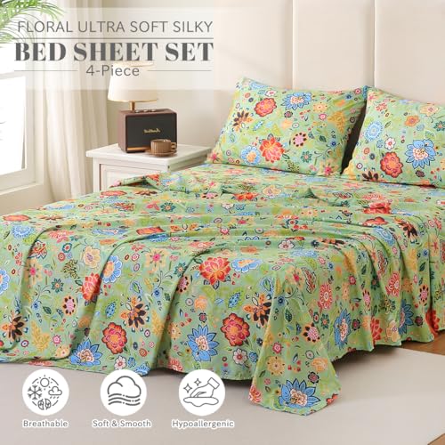 Bedlifes King Sheet Set Ultra Soft, Breathable, Silky Flower Deep Pocket 100% Microfiber Bedding, 4 Piece King Size with Floral Sage Green