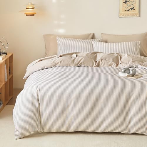 Wake In Cloud - Striped Comforter Set Ticking Stripe Vertical Pinstripe Neutral Farmhouse Pattern Printed Soft Lightweight Bedding 3 Pieces Light Brown White Queen Size