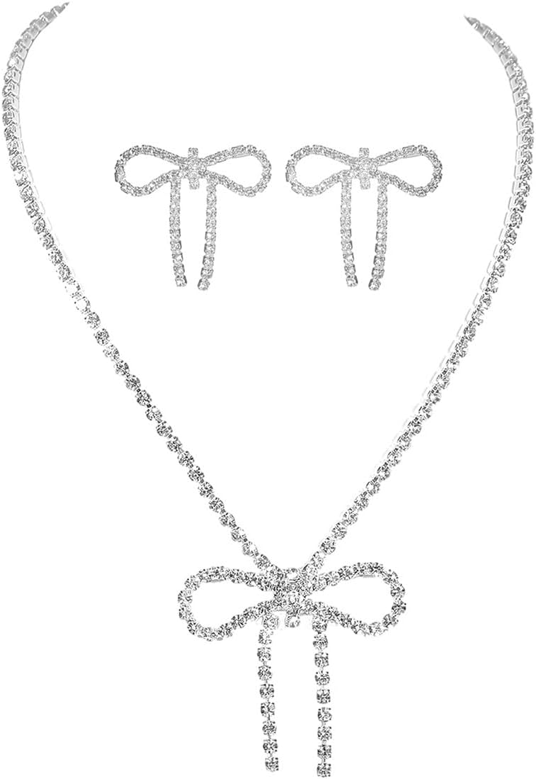 Rhinestone Bow Set for Women Sparkling Necklace Earrings Sets Rhinestone Wedding Set Silver Prom Jewelry Bridal Wedding Prom Costume Jewelry Sets for Women - Image 3