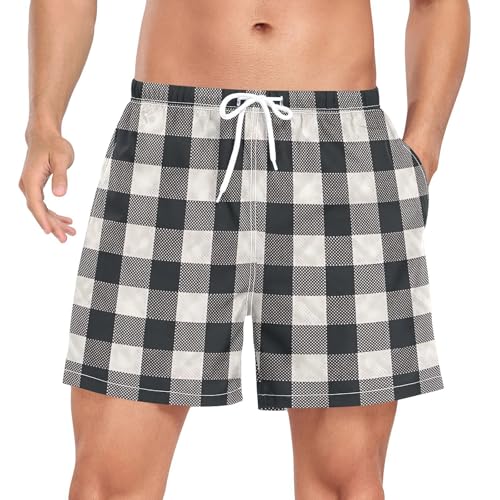 Mens Swim Trunks with Liner, White Black Plaid Cool Quick Dry Beach Swim Shorts, Swimwear Bathing Suits S