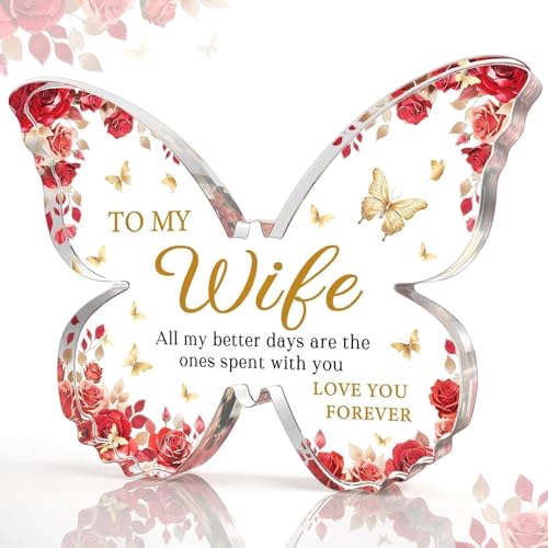 Wife Gifts for Christmas, Red Acrylic Butterfly Plaque Keepsake Wife Birthday Present Ideas - Valentines, Christmas, Mothers Day or Wedding Anniversary Romantic Gifts for Her