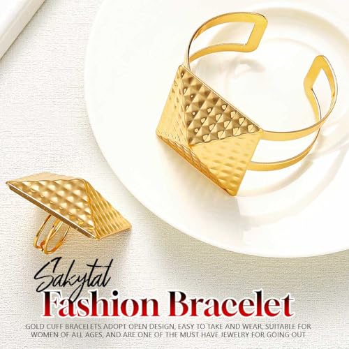 Stylish Gold Cuff Chunk Bracelet Ring Set Adjustable Open Cuff Bangles Bracelets Wide Jewelry Set for Women2