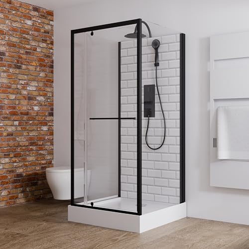 Schulte Wellnesskabine Jersey, 90x90cm, 215cm, 5mm Sicherheitsglas (ESG) Klar hell, Schwarz umgekehrtes Rückwanddekor in Fliesenoptik, EP3961018-68-50