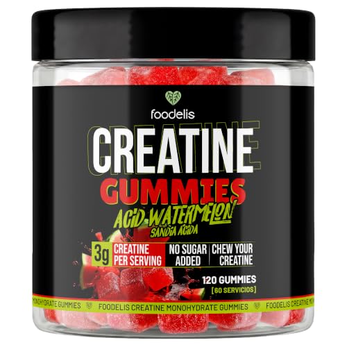 Foodelis Creatina gominolas | Creatina Monohidratada en Gominolas | 1,5 g por Gummy | Dosis 2 Gummies = 3 g (120 ud, Sandía Ácida)