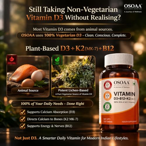 Image of OSOAA Vitamin D3 K2 MK7 Supplement - 60 Tablets | Vitamin D3 (600 IU) | Promotes Calcium Absorption, Bone Health, Muscle Strength & Immunity | Plant Based- Lichen Source