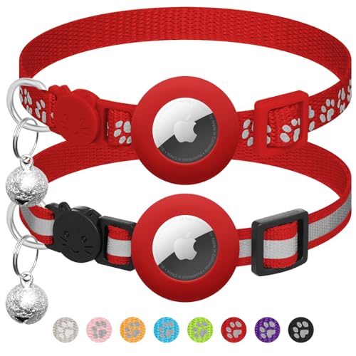 LAFAYI 2 Pack Collar de Gato Compatible con Airtag Apple con Accesorio,Reflectante Ajustable para Gatos Apple Airtag con Cierre de Seguridad,Rojo