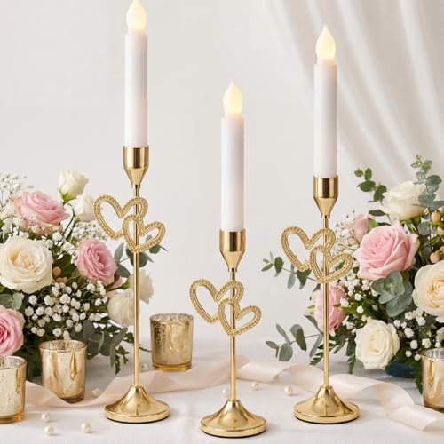 Ceenna 3 Pcs Gold Heart Candle Holders for Wedding 3 Size Taper Candle Holder Heart Shaped Candlestick Holders Elegant Decorative Centerpiece Decor for Wedding Valentines Day Housewarming Gift
