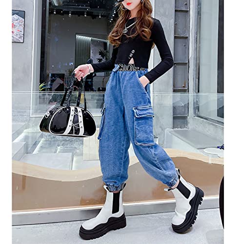 Kids Girls High Waist Lounge Harem Denim Pants Fashion Loose Fit Cargo Pants Casual Jeans Dungarees with Pockets2