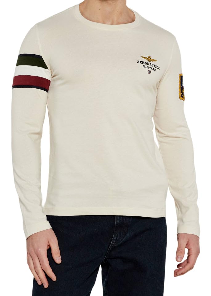 T-Shirt manches longues M.I. Aeronautica Militare homme haut coton blanc beige casual