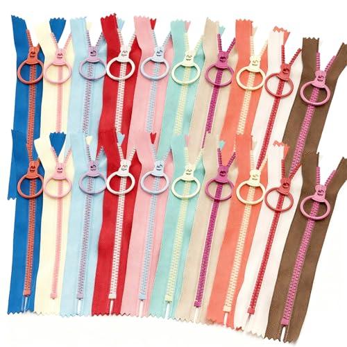 20 PCS Zips for Sewing, 10 Colors 30cm Closed End Resin Zippers #3 Zippers with Lifting Ring Pull Zipper Tape and Pulls Coil Zipper Close End for DIY Sewing Bag Craft