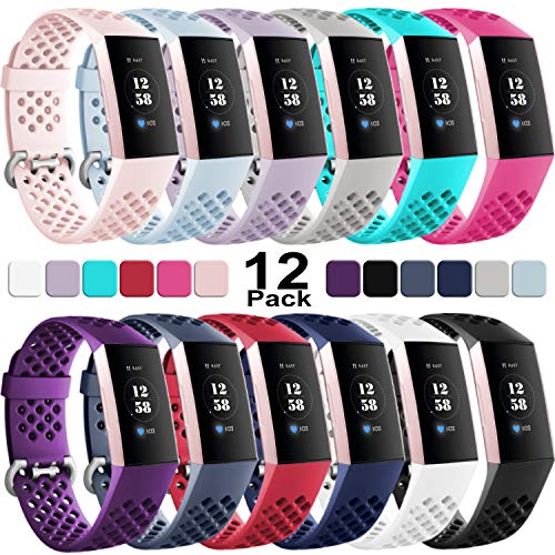 Super Deal Product Getino Compatible with Fitbit Charge 4 Bands Fitbit Charge 3 Bands for Women Men, Soft Waterproof and Durable TPU Breathable Wristbands, Replacement Sport Band 3 Pack, Large 12-Pack